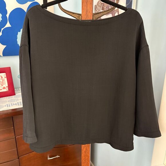 Eileen Fisher Silk Blend Boatneck 3/4 Sleeve Double Layer "Sponge" Top Black L - Picture 2 of 7